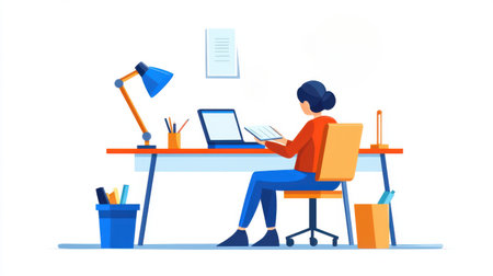 Woman in smart casual outfit taking notes in a notebook while sitting at a clean, minimalist deskの素材