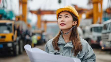 Asian woman engineer side view walking with paper blueprints through construction grounds, cranes and trucks in the background, confident expression.の素材