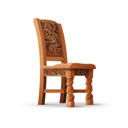 Flat vector illustration of a vintage wooden chair with decorative carvings on a white backgroundの素材