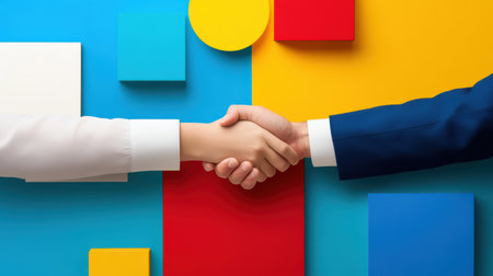 Flat vector style business handshake between two people, using geometric shapes and bold colorsの素材