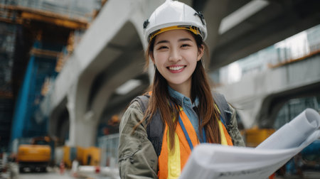 Stylish Asian female civil engineer standing in front of building structures under construction, holding blueprints, reflective safety vest and helmetの素材