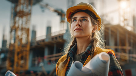 A stylish female engineer stands confidently at a large construction project, holding rolled-up blueprints. Wearing a hard hat and reflective vest, she surveys the site with cranes in motion. Warm morning glow, ultra-realistic renderingの素材