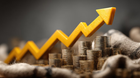 Golden 3D upward growth arrow on light gray background, business success conceptの素材