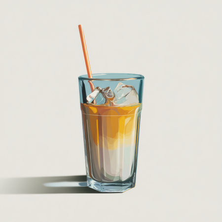 Vector illustration of a tall iced drink glass with a straw on a simple white backgroundの素材