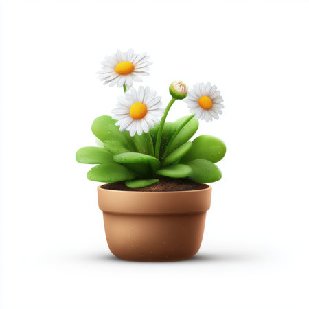 Small daisy in a round pot, simple vector illustration, white backgroundの素材
