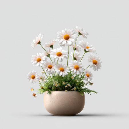 Vector art of a group of daisies in a round ceramic pot on a plain white backgroundの素材