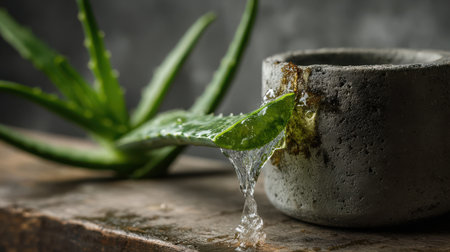 Macro shot of Aloe vera gel oozing from a freshly cut leaf, plant in a sleek concrete pot, textured backgroundの素材