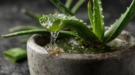 Macro shot of Aloe vera gel oozing from a freshly cut leaf, plant in a sleek concrete pot, textured backgroundの素材