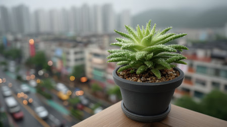 Aloe vera in a slender black pot against a light monochrome background, sharp focus, modern apartment aestheticの素材