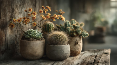 Chic cactus display in a smooth gray planter, minimal decor setting, subtle shadows and texturesの素材