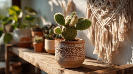Modern Boho Vibes - A prickly pear cactus in a rounded terracotta pot with geometric patterns, sitting on a wooden shelf beside a mahram wall hanging, warm sunlight filtering throughの素材