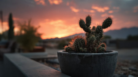 Desert Sunset Glow - A silhouette of a saguaro cactus in a dark gray concrete pot against a vibrant orange and pink sunset sky, shallow depth of fieldの素材