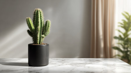 Minimalist Desert Elegance - A single tall, green cactus planted in a slim, matte-black ceramic pot, placed on a white marble surface with soft natural lighting casting subtle shadowsの素材