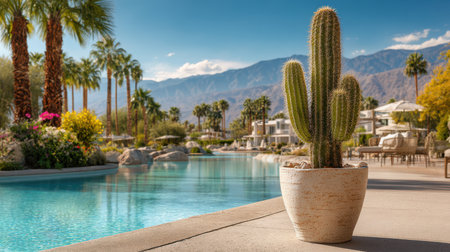 Desert Oasis - A tall, slender cactus in a textured beige pot, placed beside a swimming pool with turquoise water and palm trees in the distance.の素材