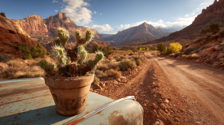 Desert Road Trip - A cactus in a weathered clay pot placed on the hood of a vintage car, vast desert landscape stretching behind itの素材