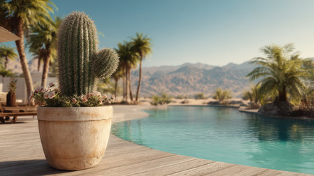 Desert Oasis - A tall, slender cactus in a textured beige pot, placed beside a swimming pool with turquoise water and palm trees in the distance.の素材