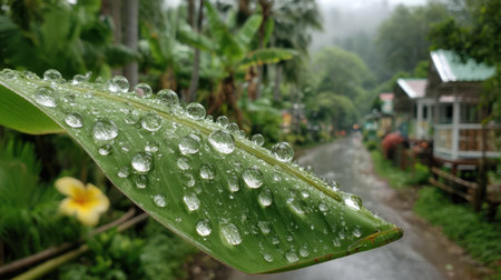 A hyper-realistic close-up of water droplets on a banana leaf in a Thai tropical garden after rainの素材