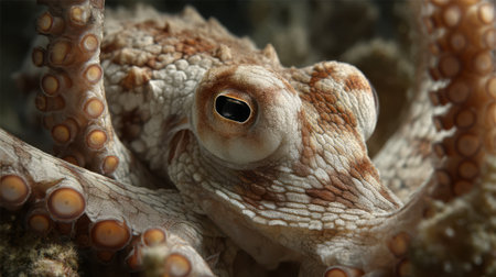Octopus Camouflage: Close-up of a mimic octopus blending into coral, texture-rich skin detail. Intelligent, adaptive behavior focus.の素材