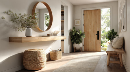 Entryway simplicity: Floating oak shelf with keys, round mirror above, woven basket on floor. Clean lines, functional designの素材