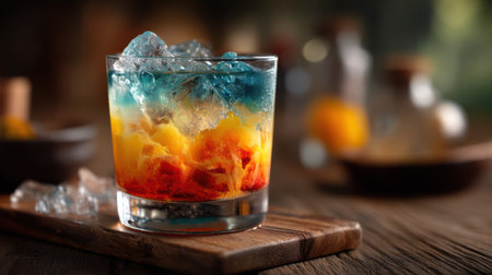 A colorful layered cocktail in a rocks glass, perfectly clear ice cubes separating the different colored liquidsの素材