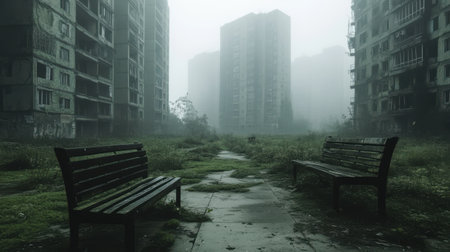 A vacant city park with empty benches, overgrown grass, and fog enveloping abandoned high-rise apartments.の素材