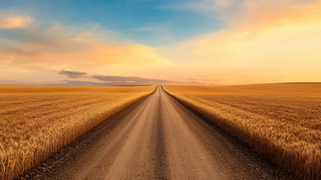 A straight empty road through golden wheat fields during harvest season under soft light.の素材