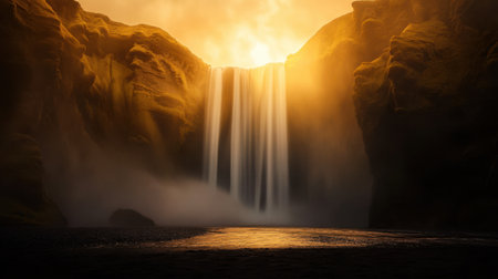 An empty waterfall at sunset, golden light illuminating mist and creating a rainbow at the base of the fallsの素材