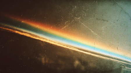 Hazy rainbow light streaks leak across a vintage grainy image with dust particles and delicate scratches for an authentic retro photo feel.の素材