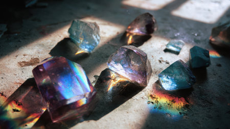 Rainbow light leaks softly wrap around crystal shapes with aged film grain, scattered dust, and faded scratches for a nostalgic mood.の素材