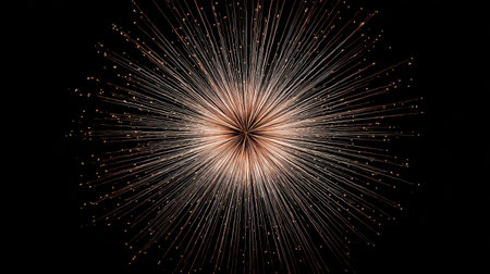 Minimal composition of isolated firework spark trails forming a radial pattern against deep black.の素材