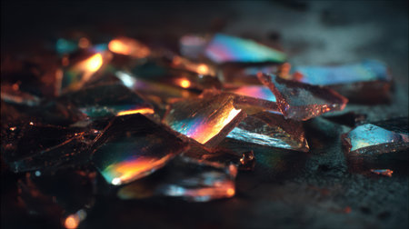 Close-up of glass shards reflecting a faint, moody darklight, creating patterns of color and shadow on a dark background.の素材