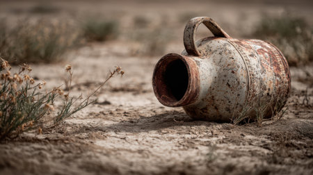 A vintage water jug lying tipped over on dry, dusty ground with no sign of moisture left.の素材