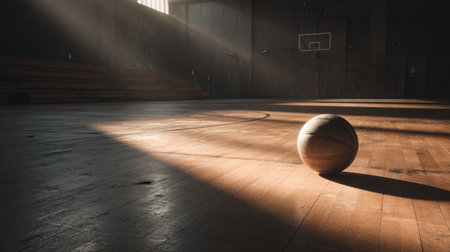 A deserted basketball court with a shiny wooden floor, one basketball left in the corner. Overhead lights casting dramatic shadows.の素材