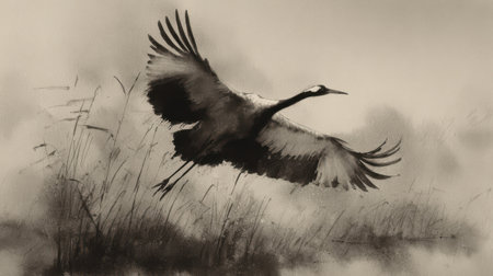 Crane taking flight from ink-wash reeds, feathers suggested by dry-brush whispers. Ephemeral moment in monochrome.の素材