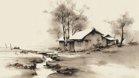 A quiet tea house near a small stream, depicted in sparse sumi-e lines and gentle tonal washesの素材