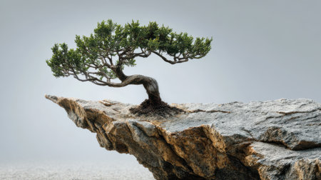 Lone bonsai tree on a jagged rock, wind-shaped and resilient, drawn in stark contrast with blank backgroundの素材