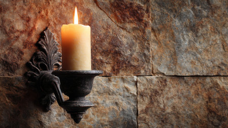 Stylized medieval votive: warm candlelight on cream wax, mounted on antique bronze, with textured stone wall behind, isolated subjectの素材
