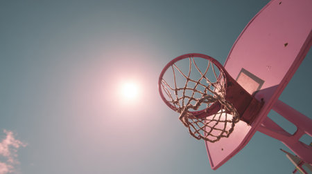 Cinematic low-angle wide shot of hoop on pastel pink, rim glowing in the sun, playful yet dramatic contrastの素材