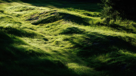 Strong midday sunlight creating stark contrasts between deep shadows and brightly illuminated patches across an undulating park grassland terrain. Graphic.の素材