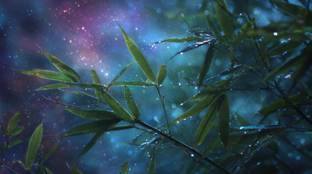Close-up of dew-kissed bamboo leaves against nebulae, Vega and Altair stars shimmering through foliage, magical atmosphereの素材