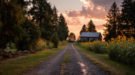 Sunflowers along Gravel Driveway to Barn at Sunsetの素材