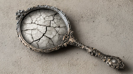 Vintage cracked hand mirror with distressed silver frame isolated on clean background, dramatic aesthetic.の素材