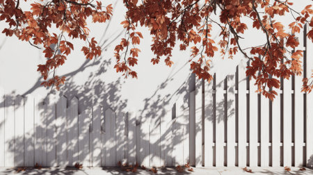 Minimal fall-inspired design with rust foliage shadows across a white picket fence, ideal for seasonal concept visuals.の素材