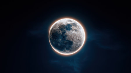 Hyper-detailed moon with glowing edges, cinematic look resembling a sci-fi film, perfectly illuminated against the dark skyの素材
