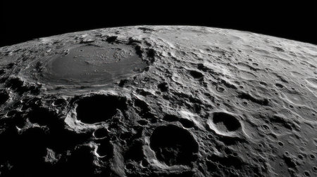 Close-up of the moon in stunning detail, surface craters sharp and clear, resembling a high-definition film shot with natural starlight in the backgroundの素材