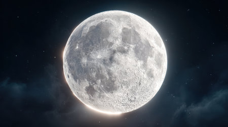 Hyper-detailed moon with glowing edges, cinematic look resembling a sci-fi film, perfectly illuminated against the dark skyの素材