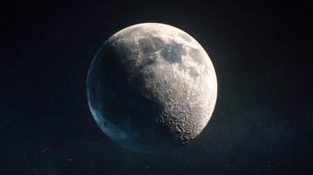 High-definition cinematic shot of the moon with sharp crater details, glowing vividly in a dark starry night skyの素材
