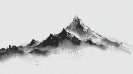 Calligraphic mountain range with single stroke, ink thinning to mist at valley's edge. Essence of peak.の素材