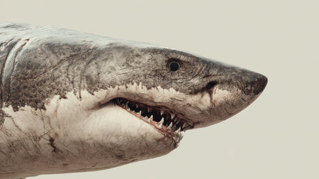 Realistic cinematic prehistoric shark monster, ancient scars, fierce expression, isolated on pale backgroundの素材
