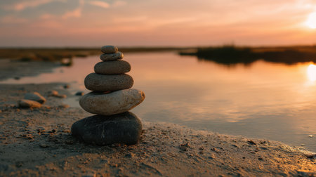 Minimal shot of a small stone stack on soft sand, breathtaking sunset creating golden reflections on the water nearby.の素材